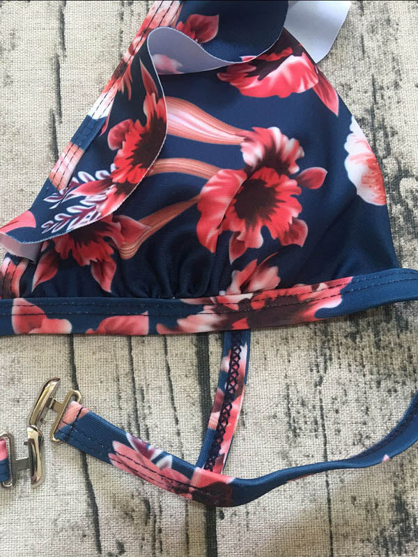 Floral Print Falbala Split Bikini Swimsuit