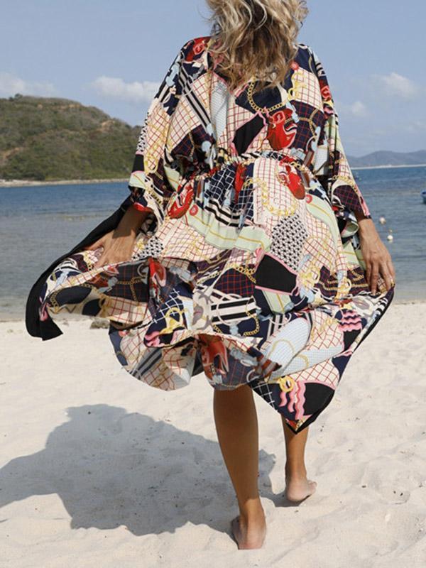 Floral-Print Belted Long Sleeve Tunicshang Cover-Ups