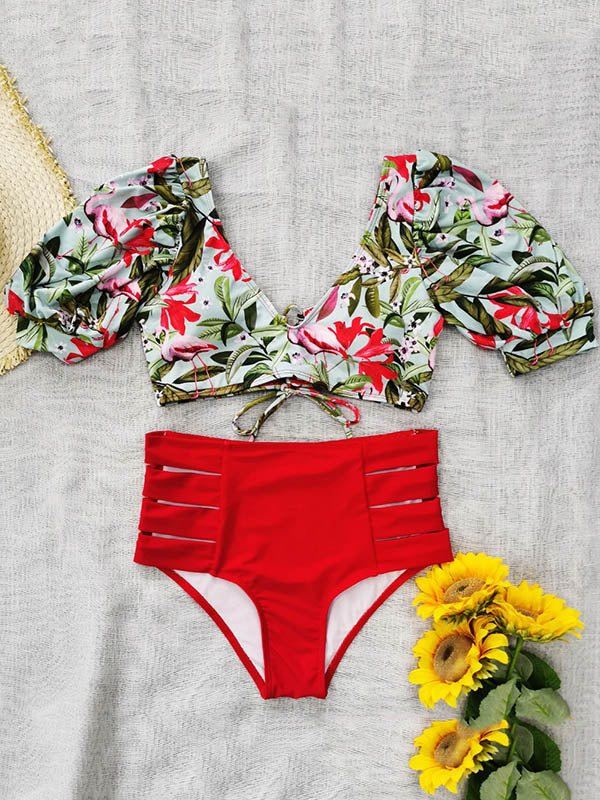 Langärmliger Bikini-Badeanzug mit Blumenmuster 