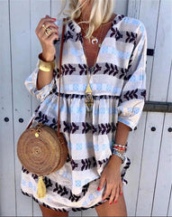 Women's Bohemian V Neck Middle Sleeve Printed Color Dress