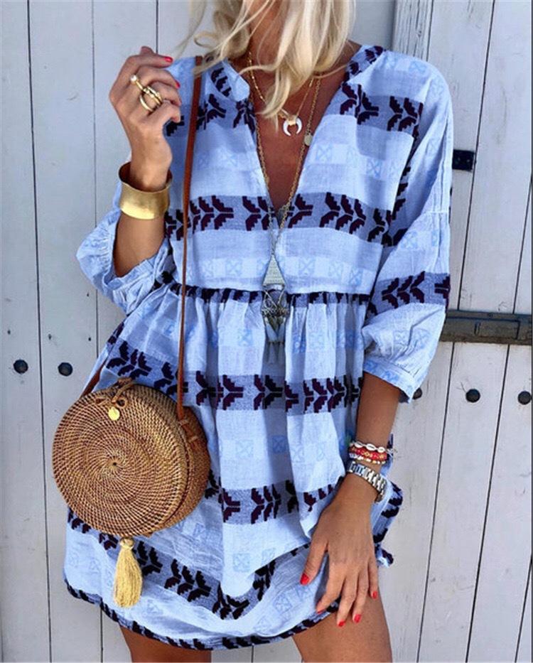 Women's Bohemian V Neck Middle Sleeve Printed Color Dress