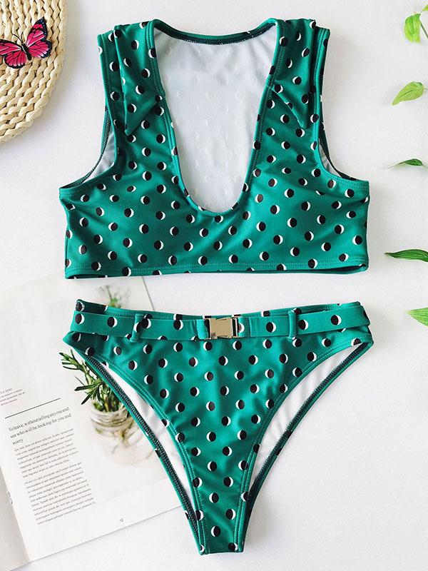 Polka-Dot Printed U-Neck Belted Split Bikini Swimsuit