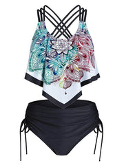 Floral-Print Conservative Bandage Cropped Split Tankini Swimsuit