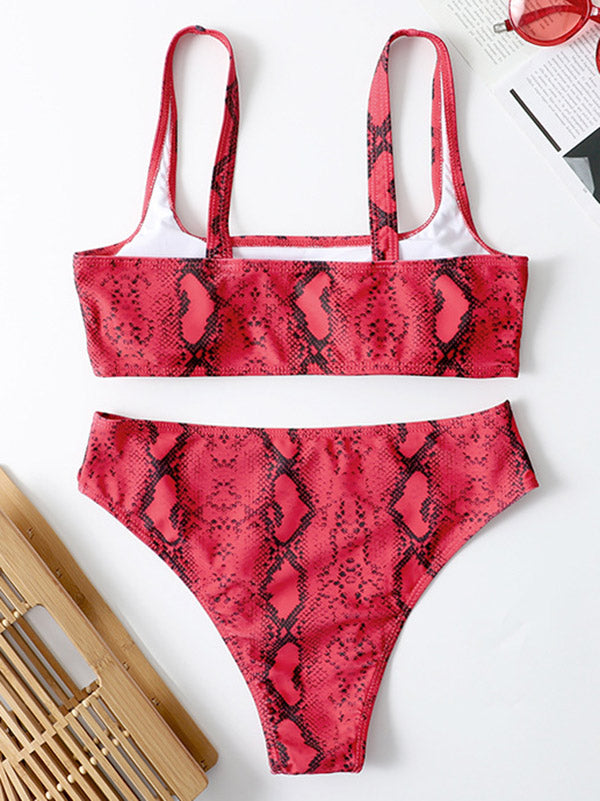 Snake-Print U-Neck Split Bikini Swimsuit