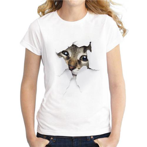 Damen T-Shirt mit 3D-Katzen-Print, kurzärmelig, für den Sommer, Bluse 