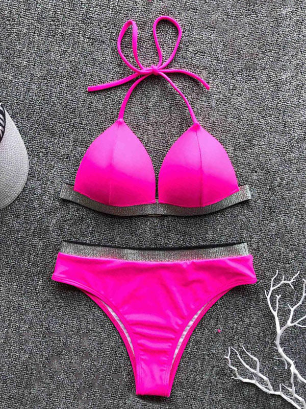 Color-Block Halterneck Bralette More Coverage Backless Bikini Swimwear