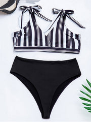 Striped Printed Color-Block Knotted V-Neck Split Bikini Swimsuit