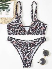 Leopard Print V-Neck Triangles Split Bikini Swimsuit