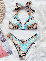 Ethnic Printed Knotted  Triangles Split Bikini Swimsuit