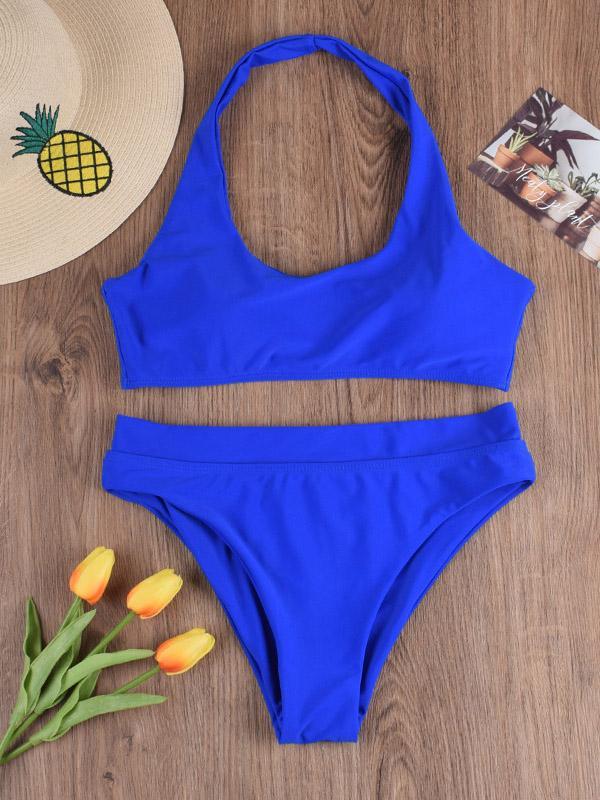 Solid Color Halterneck Bandage Split Bikini Swimsuit