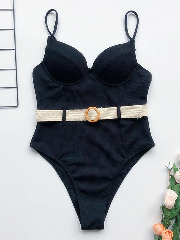 Sexy Bandeau Belted Embellished Underwired One-Piece Swimwear