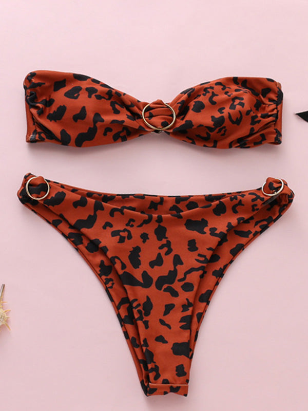 Leopard Print Embellished Bandeau Split Bikini Swimsuit