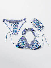 Blue And White Porcelain Triangles Knotted Split Bikini Swimsuit+Face Mask