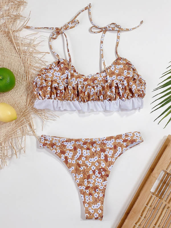 Spaghetti-Neck Floral Falbala Bralette Hipster Bikini Swimwear