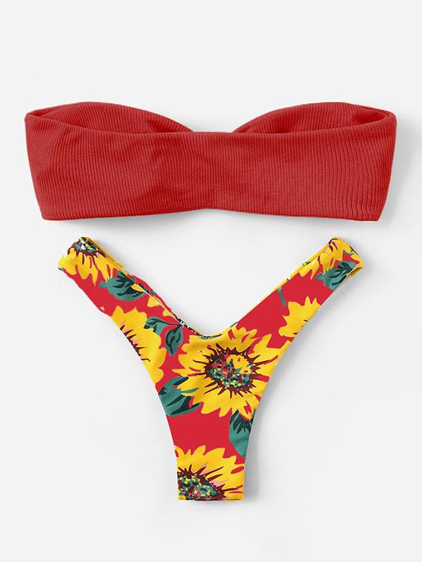 Color-Block Floral-Print Knotted Bandeau Split Bikini Swimsuit