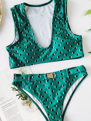 Polka-Dot Printed U-Neck Belted Split Bikini Swimsuit