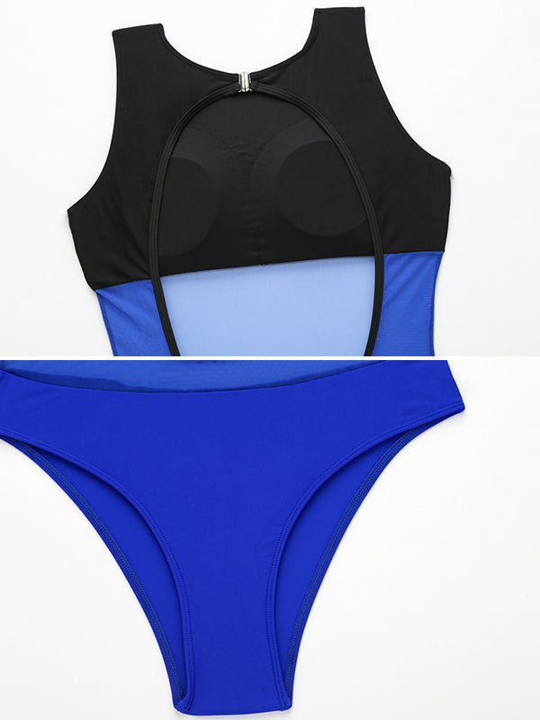 Solid Color Split-Joint See-Through  One-Piece Swimwear