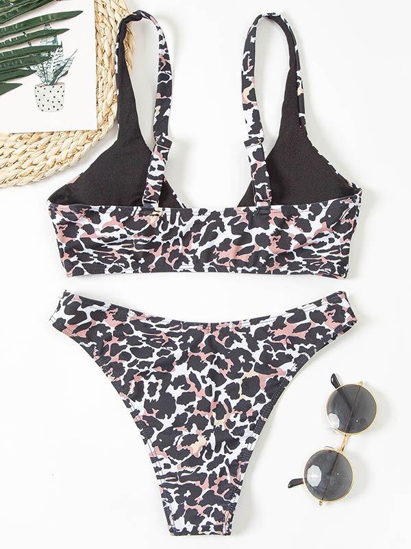 Leopard Print V-Neck Triangles Split Bikini Swimsuit