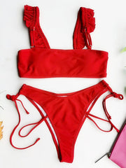 Solid Color Ruffled Bandage Split Bikini Swimsuit