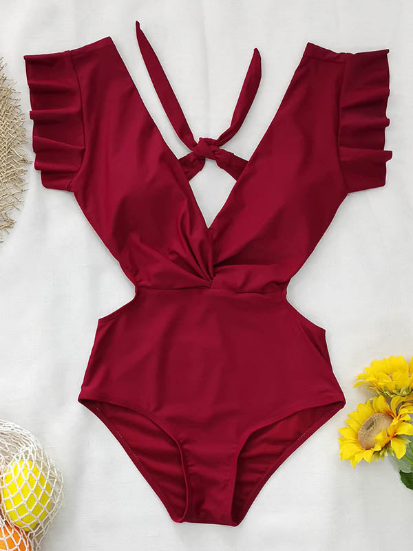 Solid Color Ruffled V-Neck One-Piece Swimsuit