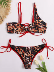 Spaghetti-Neck Leopard Print Bralette Tie Side Bikini Swimwear