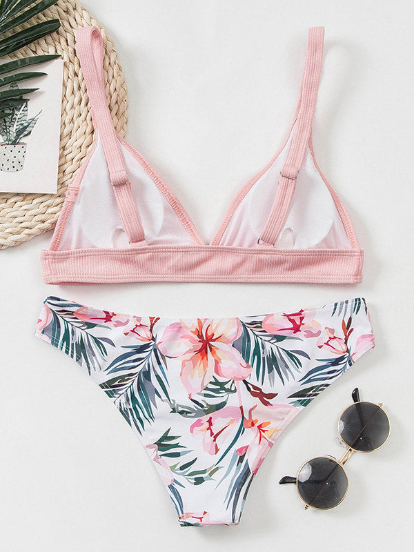 Color-Block Floral-Print Small Fresh Split Bikini Swimsuit