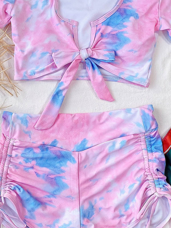 Tie-Dyed Short Sleeve Bandage High-Waisted Drawstring Briefs Tankini Swimwear