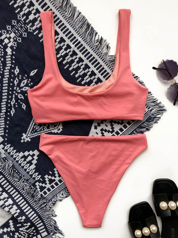 Solid Color Concise Square-Neck Split Bikini Swimsuit