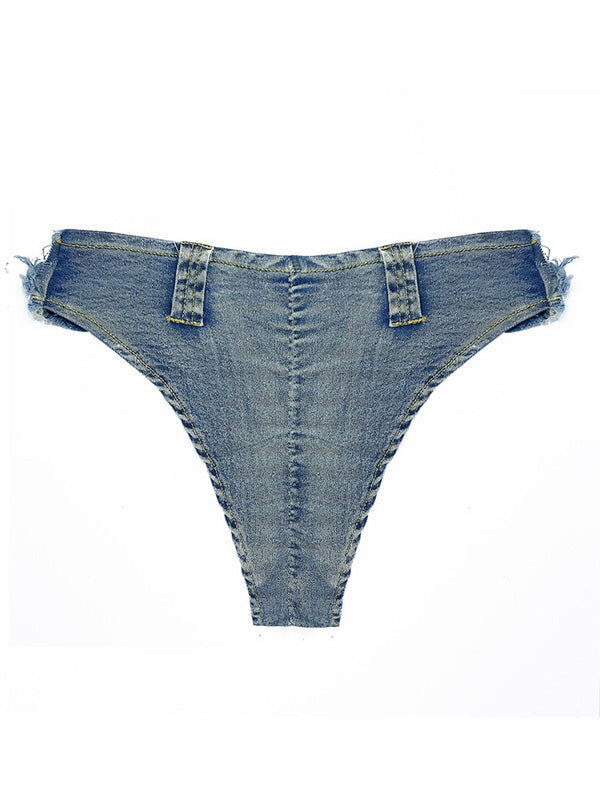 Sexy Denim Neckholder Dreiecke Hipster rückenfreie Bikini Bademode 