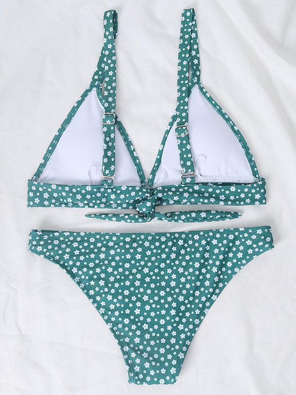 Bikini-Badeanzug mit tiefem V-Ausschnitt und Blumenmuster und Schlitz 