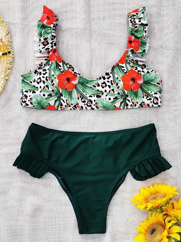 Floral Printed Falbala Bikini Swimsuit