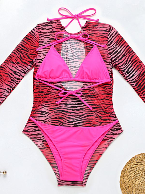 Long Sleeve Zebra Print Mesh Bikini Wetsuit Swimwear