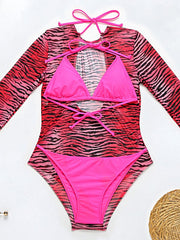 Long Sleeve Zebra Print Mesh Bikini Wetsuit Swimwear