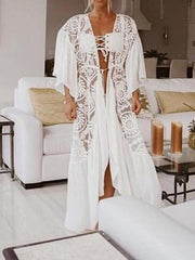 See-Through Split-Joint Embroidered Falbala Tunicshang Cover-Ups