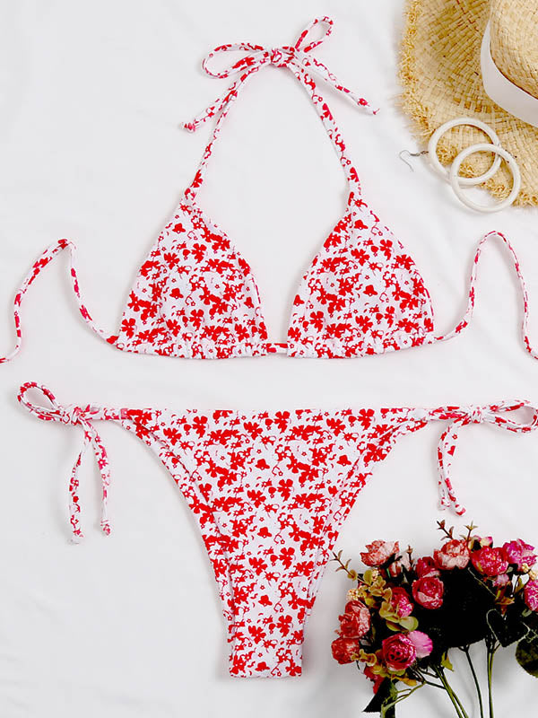 Floral-Print Backless Bandage Triangles Split Bikini Swimsuit