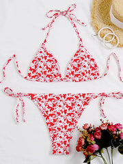 Rückenfreier Bandage-Bikini-Badeanzug mit Blumenmuster, Dreiecken und Schlitz 