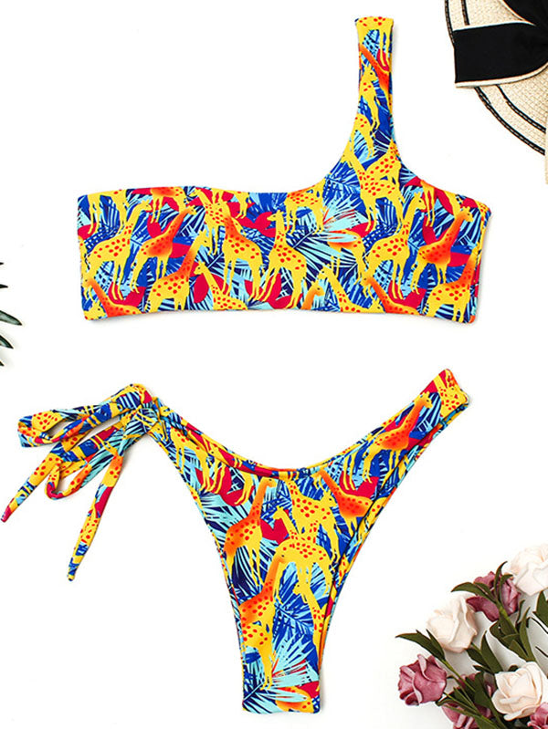 One-Shoulder Giraffe Print Brazilian Tight Bikini Swimwear