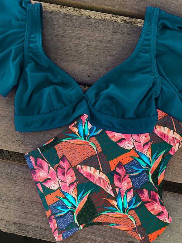 Falbala Floral-Printed Deep V-Neck Bikinis Swimsuit