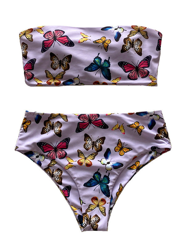 Strapless Butterfly Pattern Split Bikini Swimsuit