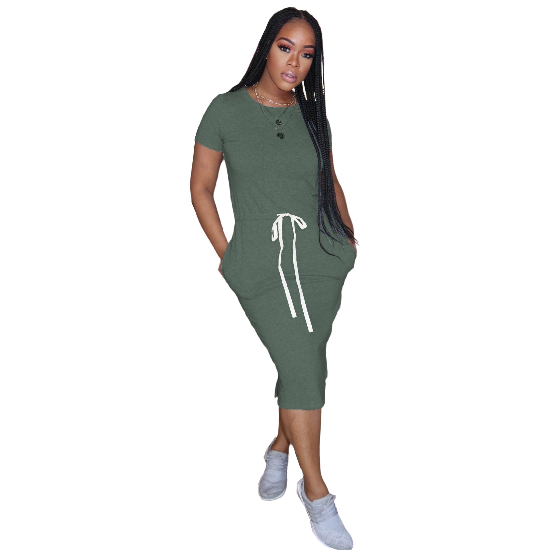 Basic Elastic Waist Short Sleeve Solid Color T-shirt Midi Dress – Comfortable and Stylish Dress for Women