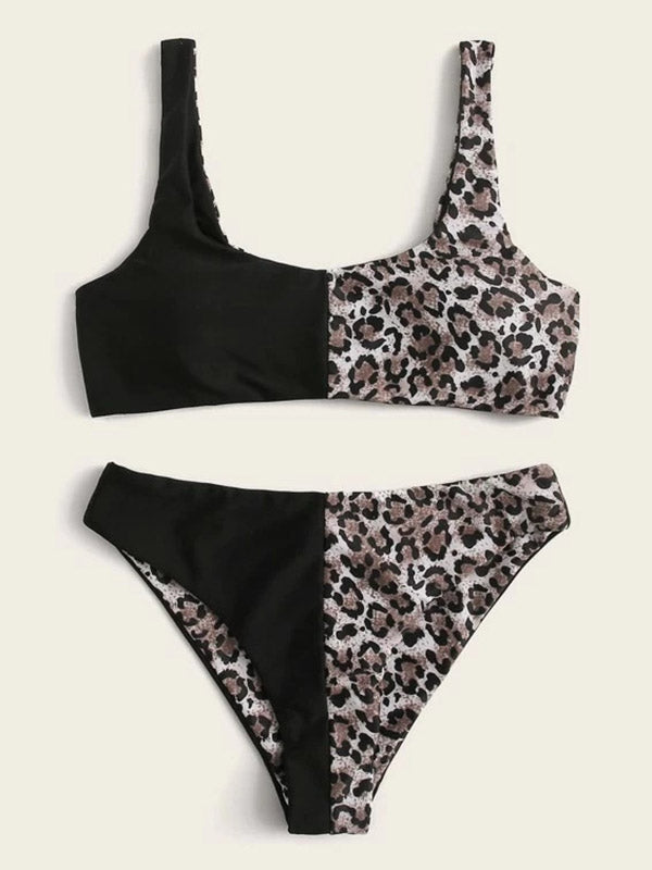 Leopard Print Split-Joint U-Neck Split Bikini Swimsuit