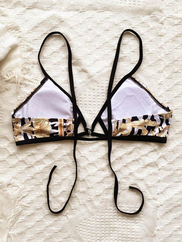 Vintage Print Hollow Triangles Split Bikini Swimsuit