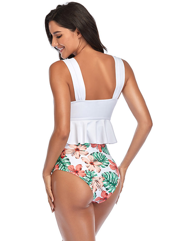 Bikini-Badeanzug mit hoher Taille und Blumenmuster mit Rüschen 