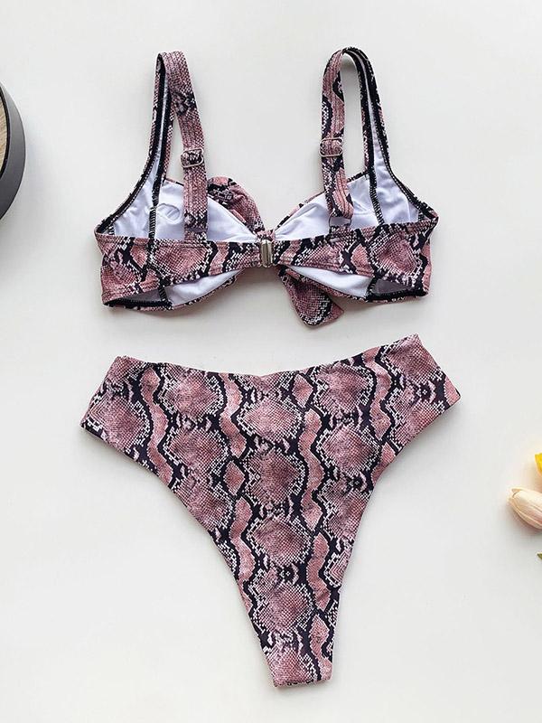 Snake-Print Knotted Hollow Split Bikini Swimsuit