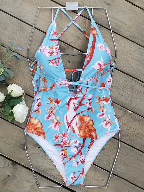 Spaghetti-Neck Floral Belted One-Piece Swimwear