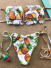 Floral-Print Bandage Hollow Bandeau Split Bikini Swimsuit