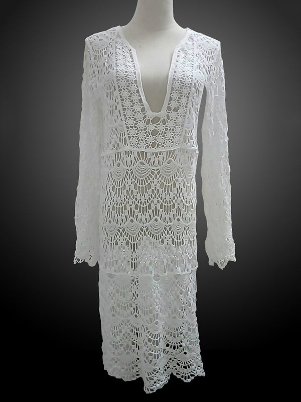 Hollow Lace Deep V-Neck Cover-Ups Tops Mini Dress