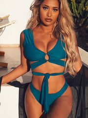 Solid Knot Bandage Split Bikini Swimsuit