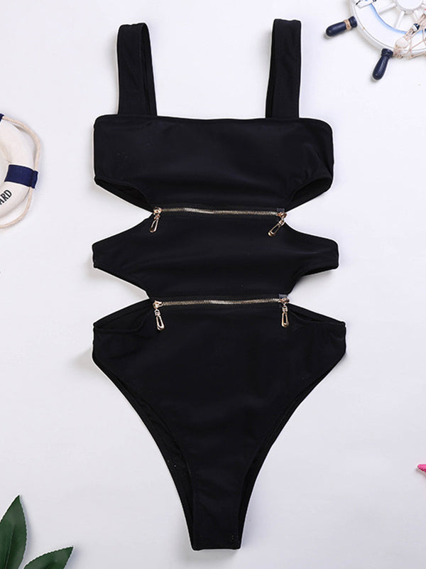 Solid Color Sleeveless Zipper Monokini Swimwear