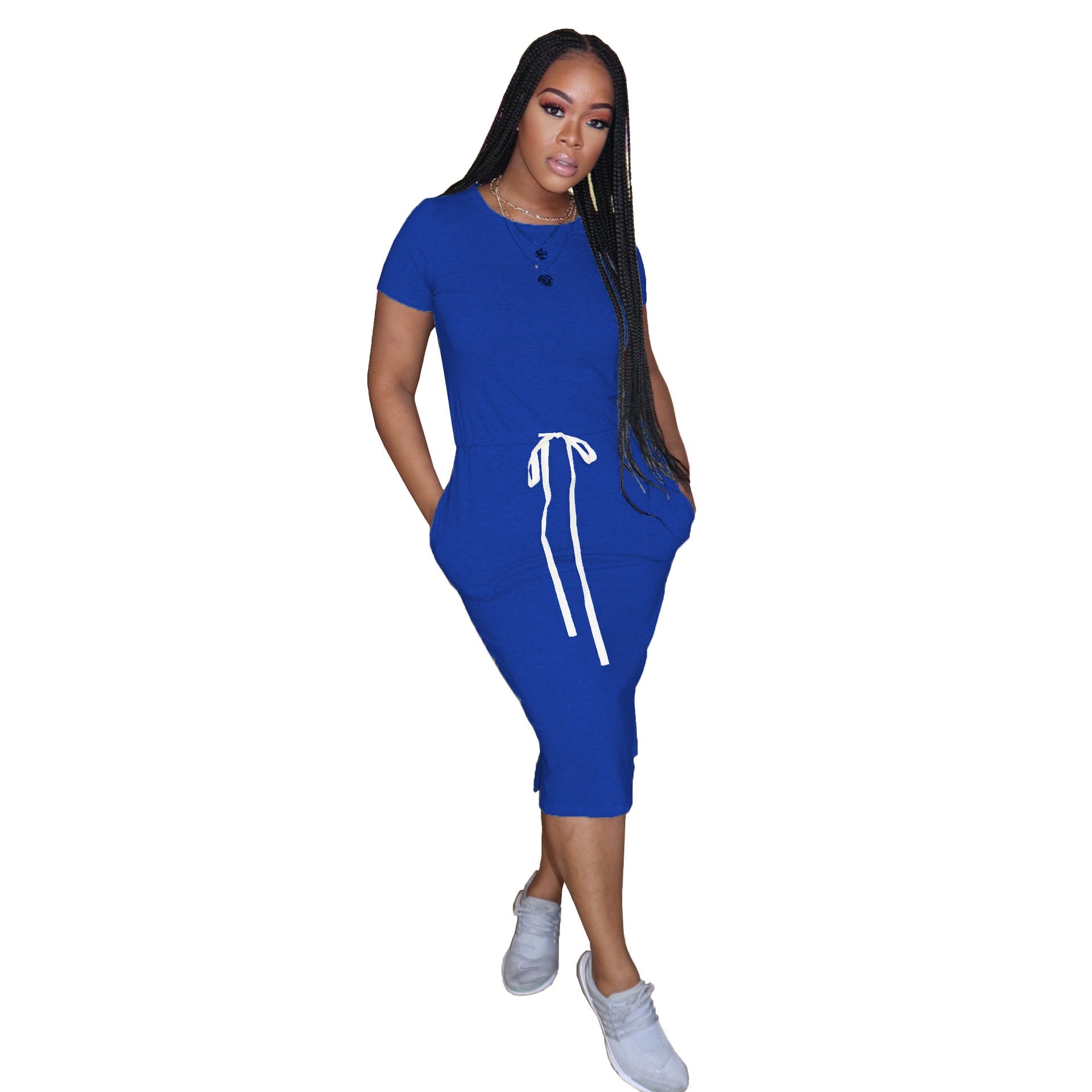 Basic Elastic Waist Short Sleeve Solid Color T-shirt Midi Dress – Comfortable and Stylish Dress for Women